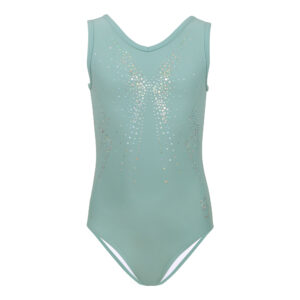 Mint green girls gymnastics leotard with holographic crystal butterfly design